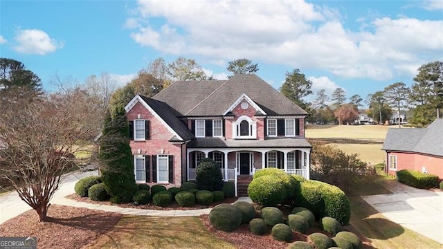 view of front of property with covered porch, concrete driveway, and brick siding