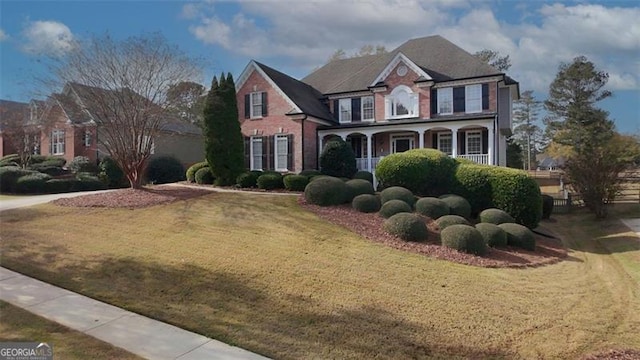 view of front facade with brick siding and a front yard