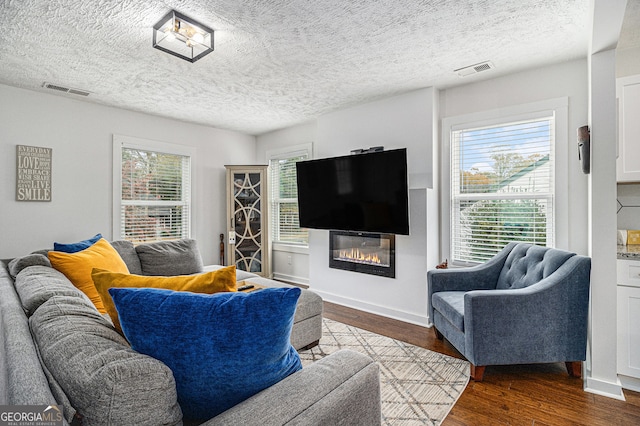 living room with a healthy amount of sunlight, wood-type flooring, and a textured ceiling