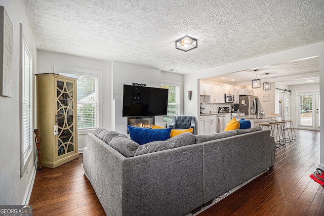 living room with a textured ceiling and dark wood-type flooring