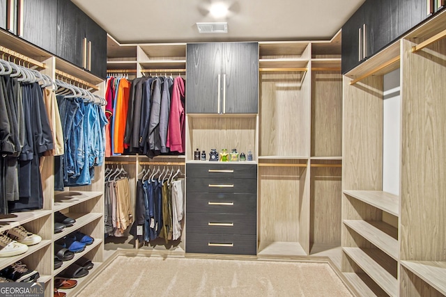 spacious closet featuring light carpet