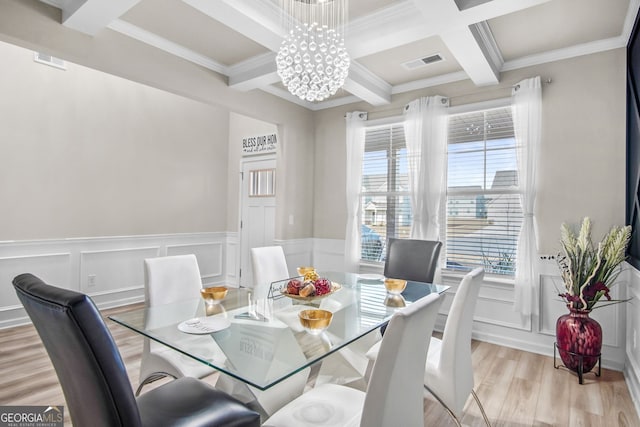 dining room featuring beamed ceiling, ornamental molding, a wealth of natural light, and coffered ceiling