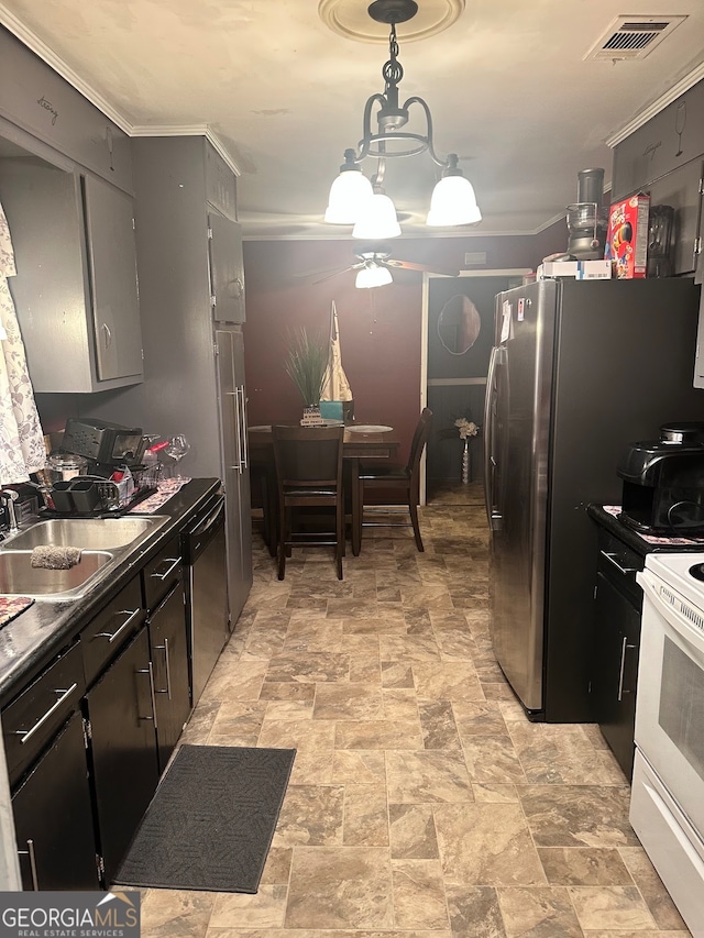 kitchen featuring sink, dishwasher, hanging light fixtures, white electric range, and ornamental molding