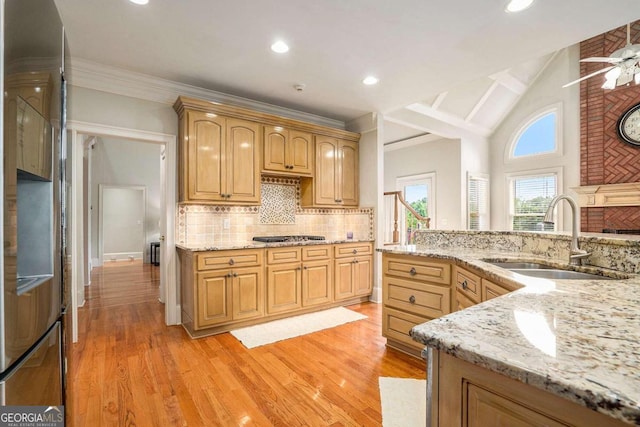 kitchen featuring appliances with stainless steel finishes, light stone counters, crown molding, sink, and light hardwood / wood-style floors