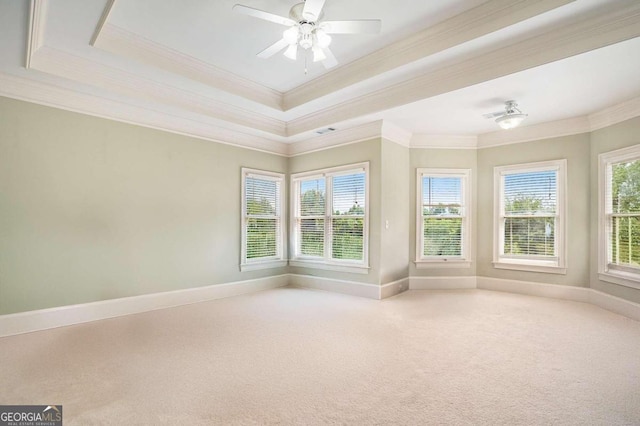 carpeted spare room featuring a tray ceiling, crown molding, and ceiling fan