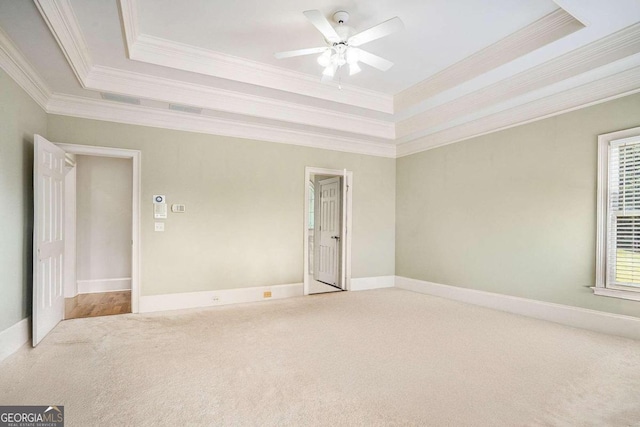 empty room with carpet, crown molding, and a tray ceiling