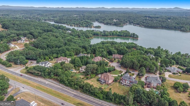 bird's eye view with a water and mountain view