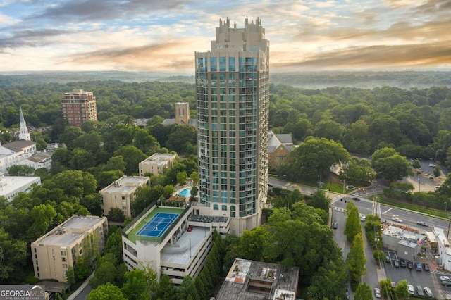 view of aerial view at dusk