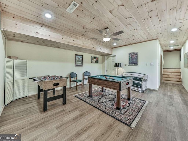 game room with light wood-type flooring, billiards, ceiling fan, and wood ceiling