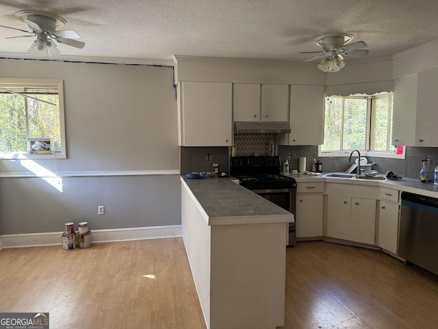 kitchen featuring a ceiling fan, a peninsula, a sink, stainless steel appliances, and under cabinet range hood