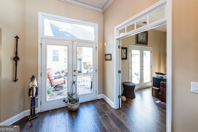 doorway with french doors, dark hardwood / wood-style floors, and a wealth of natural light