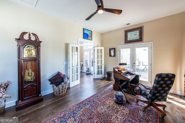 office featuring french doors, dark hardwood / wood-style flooring, and ceiling fan