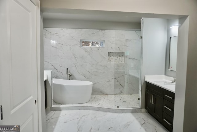 bathroom with tile walls, vanity, and plus walk in shower