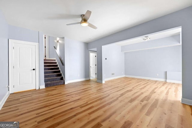 unfurnished living room with ceiling fan and light wood-type flooring