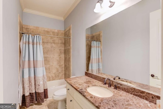 full bathroom with vanity, tile patterned floors, toilet, ornamental molding, and shower / tub combo