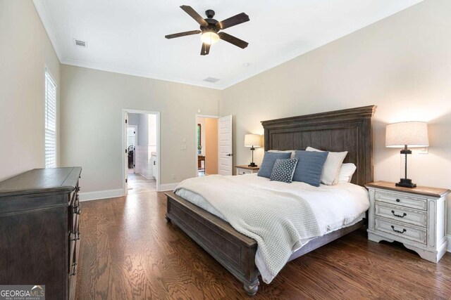 bedroom with multiple windows, ceiling fan, crown molding, and dark hardwood / wood-style floors