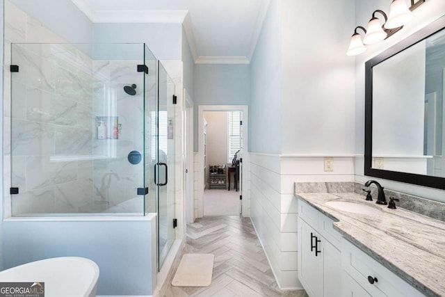 bathroom featuring parquet flooring, a shower with door, vanity, and ornamental molding