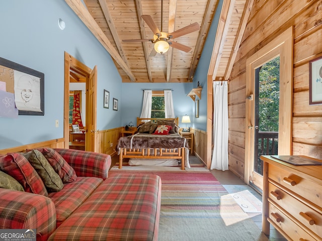 interior space featuring vaulted ceiling with beams, wooden ceiling, ceiling fan, and wooden walls