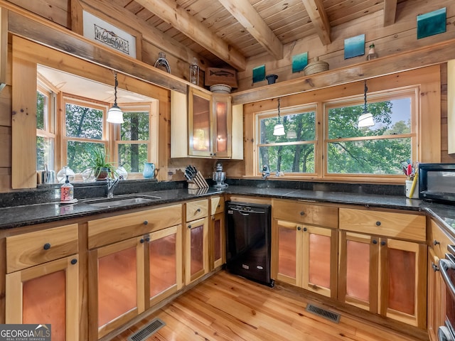 kitchen featuring wooden ceiling, sink, light hardwood / wood-style flooring, black dishwasher, and decorative light fixtures