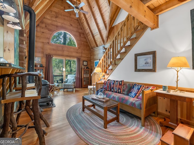 living room with wooden walls, beam ceiling, high vaulted ceiling, light hardwood / wood-style floors, and a wood stove