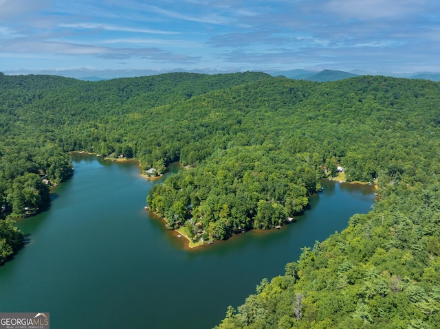 drone / aerial view with a water and mountain view