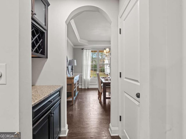 interior space featuring light stone countertops, a raised ceiling, dark wood-type flooring, and crown molding