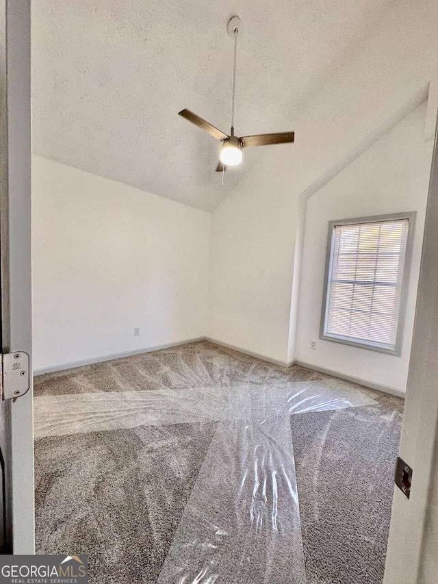 spare room with carpet, a textured ceiling, and lofted ceiling