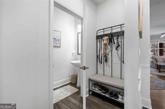 mudroom featuring dark hardwood / wood-style floors and ceiling fan