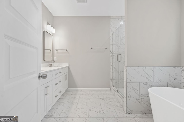 bathroom with vanity, tile walls, and independent shower and bath