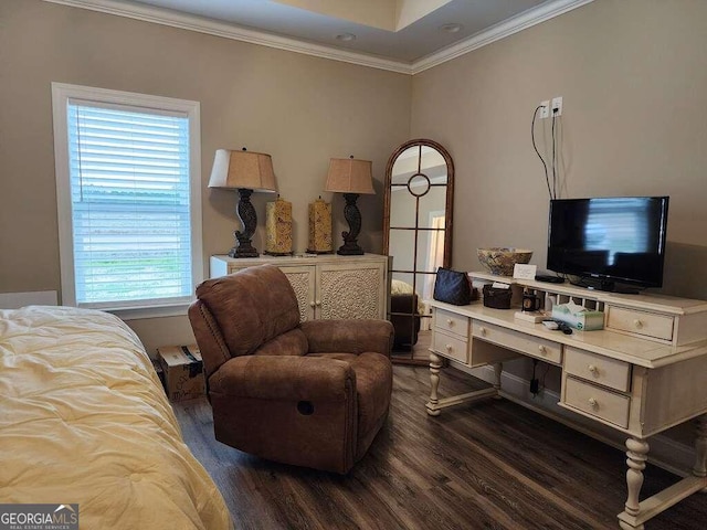 bedroom featuring crown molding and dark wood-type flooring