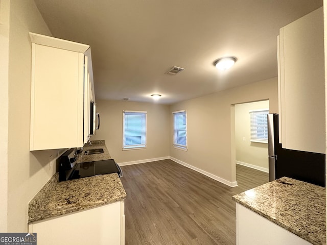 kitchen featuring dark wood-type flooring, light stone counters, plenty of natural light, and stainless steel appliances