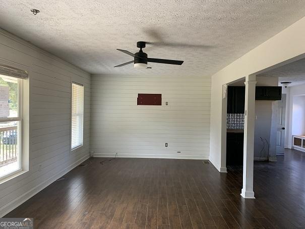 interior space with plenty of natural light, dark hardwood / wood-style floors, a textured ceiling, and ceiling fan