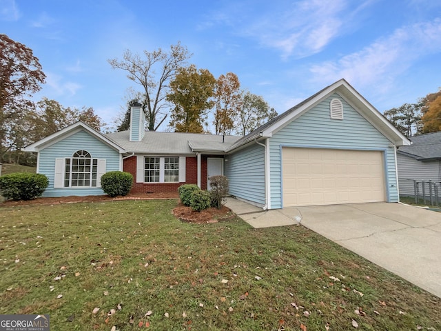 ranch-style home with a front yard and a garage