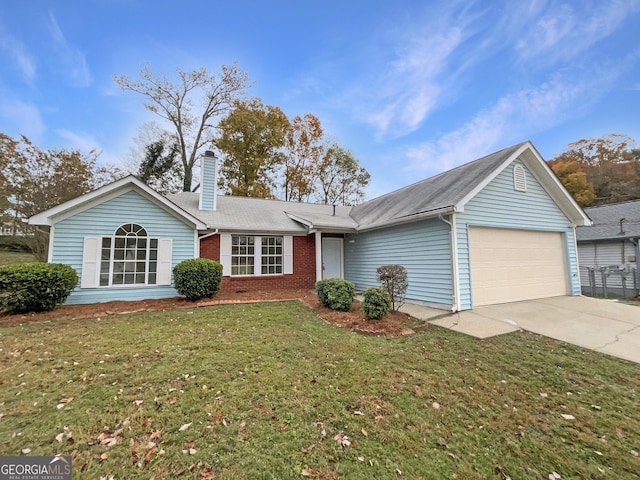 single story home featuring a front yard and a garage