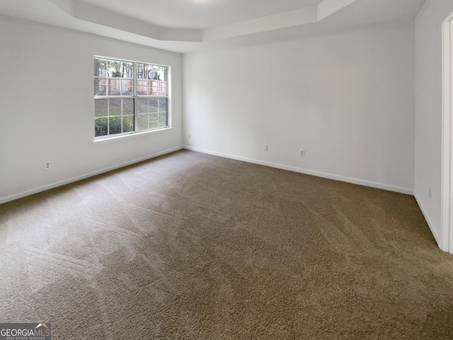 carpeted spare room featuring a tray ceiling