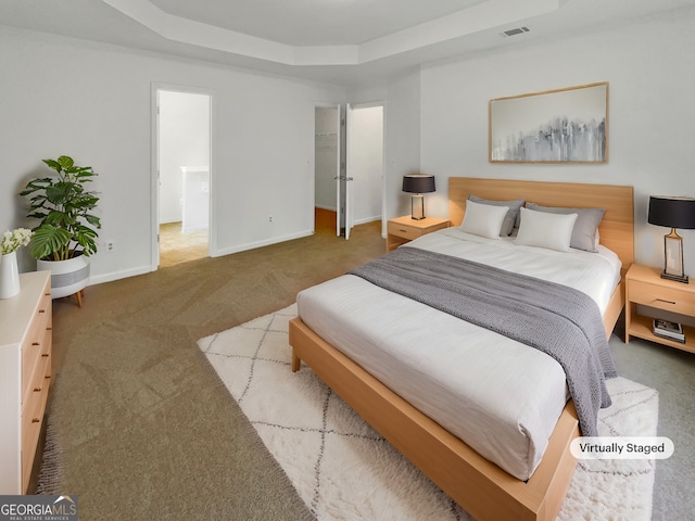 carpeted bedroom featuring a tray ceiling