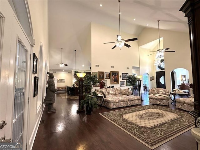 25 Fireside Ct NW, Cartersville, GA 30120 - living room with arched walkways, ceiling fan, high vaulted ceiling, dark wood finished floors, and recessed lighting