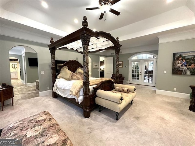 carpeted bedroom with french doors, access to outside, ceiling fan, and crown molding