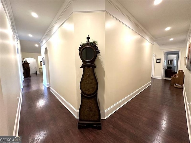 hall with dark hardwood / wood-style floors and ornamental molding