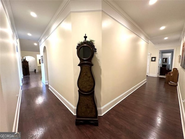 25 Fireside Ct NW, Cartersville, GA 30120 - hallway with arched walkways, dark wood-type flooring, recessed lighting, and crown molding