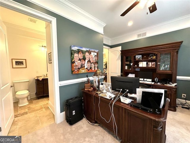 25 Fireside Ct NW, Cartersville, GA 30120 - office featuring a ceiling fan, crown molding, and light carpet