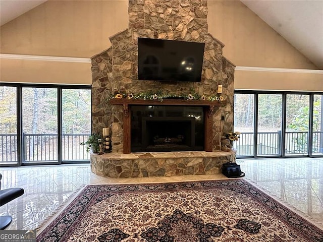 25 Fireside Ct NW, Cartersville, GA 30120 - living area with high vaulted ceiling, plenty of natural light, and a fireplace