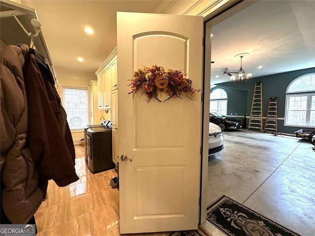 25 Fireside Ct NW, Cartersville, GA 30120 - corridor featuring recessed lighting, a chandelier, and washer / clothes dryer