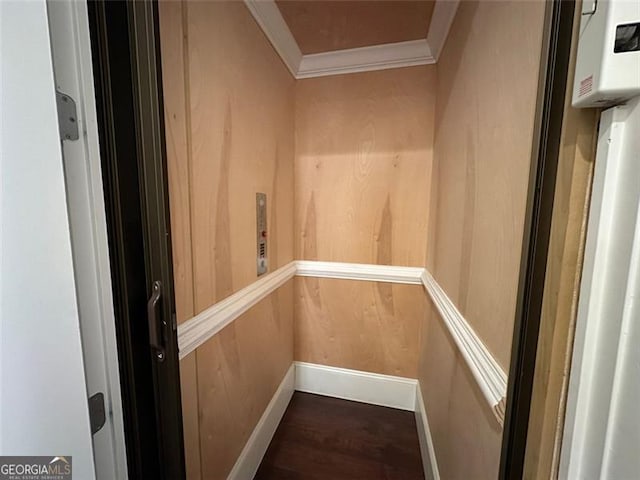 details featuring elevator, crown molding, and wood-type flooring