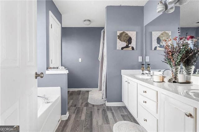 bathroom featuring a bath, vanity, and wood-type flooring