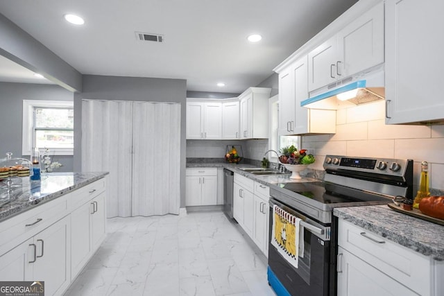 kitchen with white cabinetry, sink, stainless steel appliances, tasteful backsplash, and stone countertops