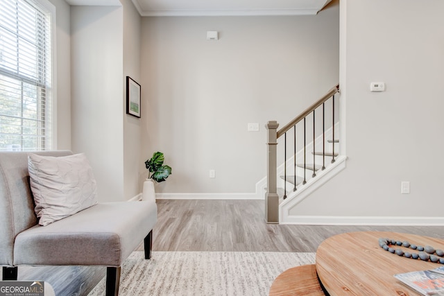 living area featuring light hardwood / wood-style floors, ornamental molding, and a wealth of natural light