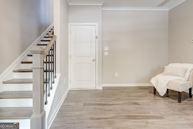 interior space featuring light hardwood / wood-style floors and ornamental molding