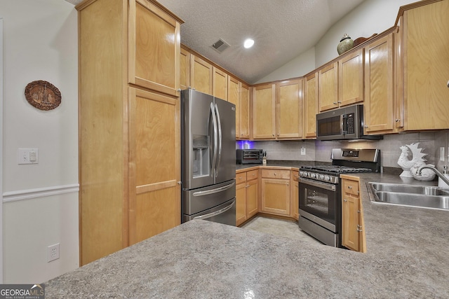 kitchen with sink, stainless steel appliances, lofted ceiling, a textured ceiling, and decorative backsplash