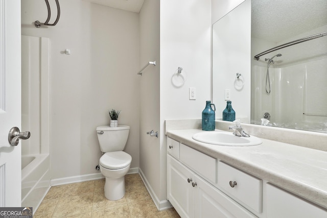 full bathroom featuring vanity, shower / bathtub combination, toilet, and a textured ceiling